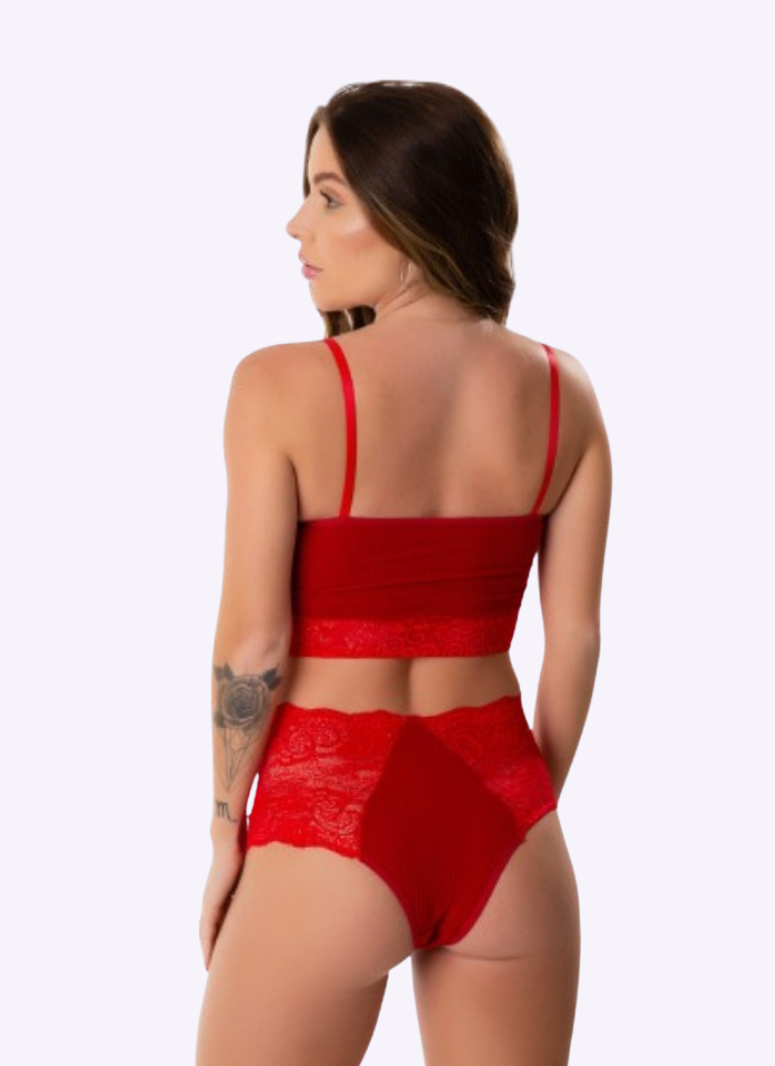conjunto Sutiã Cropped Em Renda e Calcinha Em renda Vinho