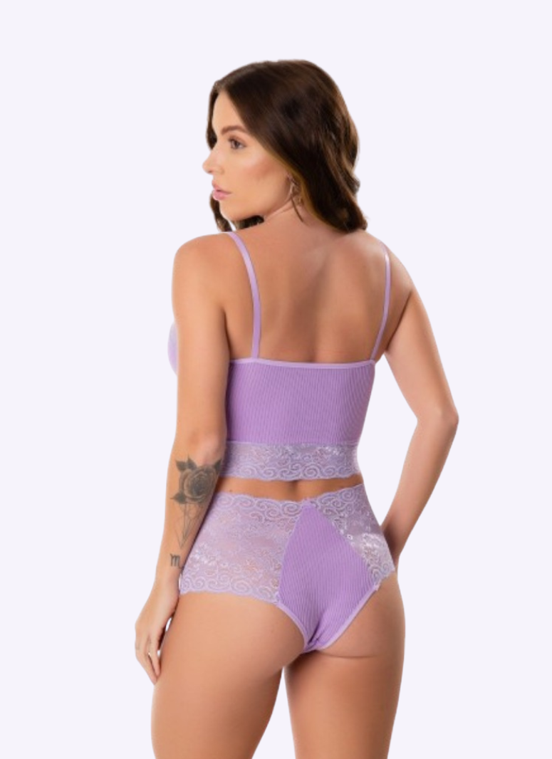 conjunto Sutiã Cropped Em Renda e Calcinha Em renda Preto