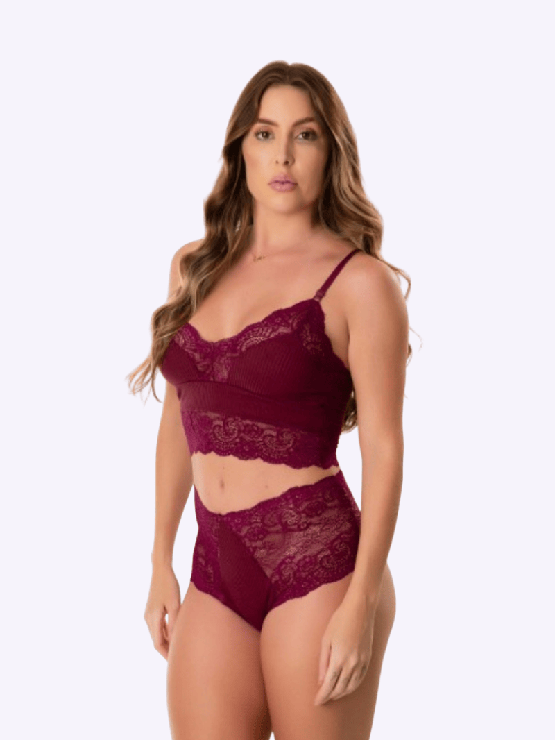conjunto Sutiã Cropped Em Renda e Calcinha Em renda Preto