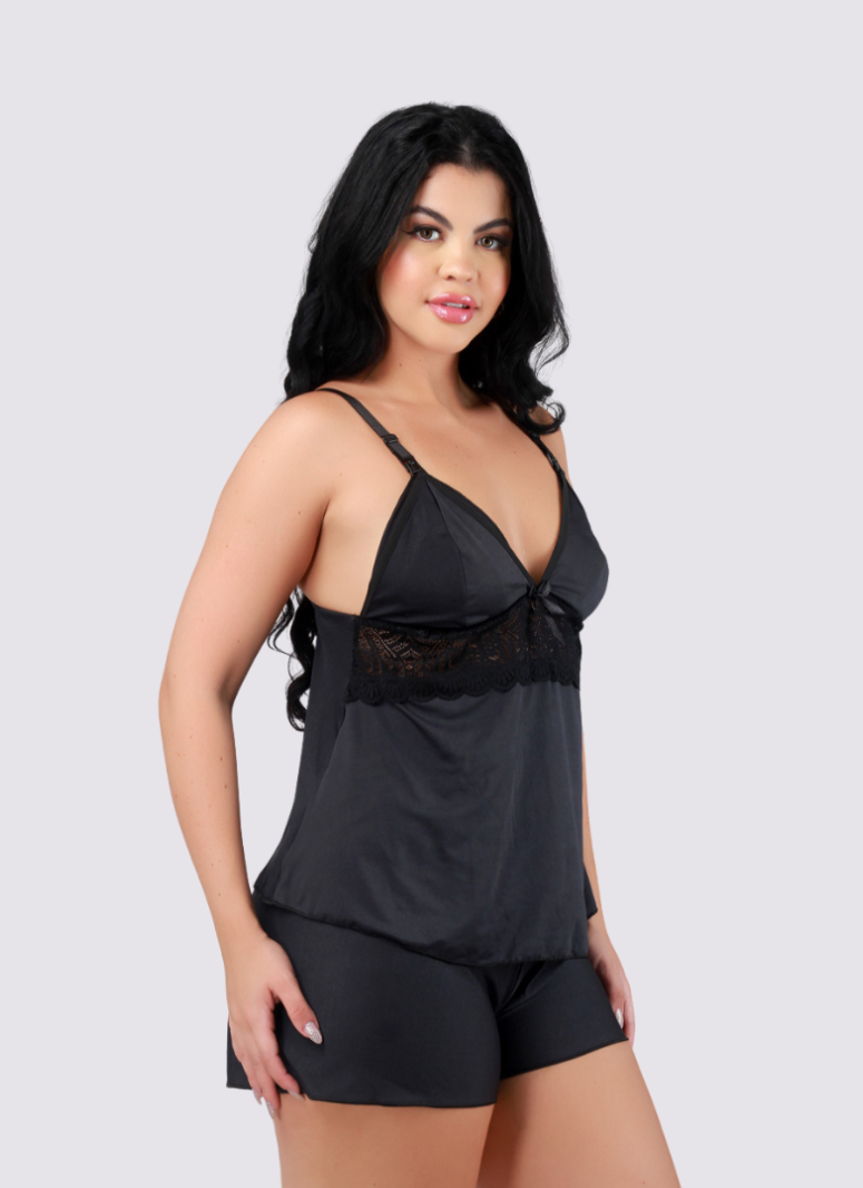 Baby Doll Amamentar Com Renda Preto