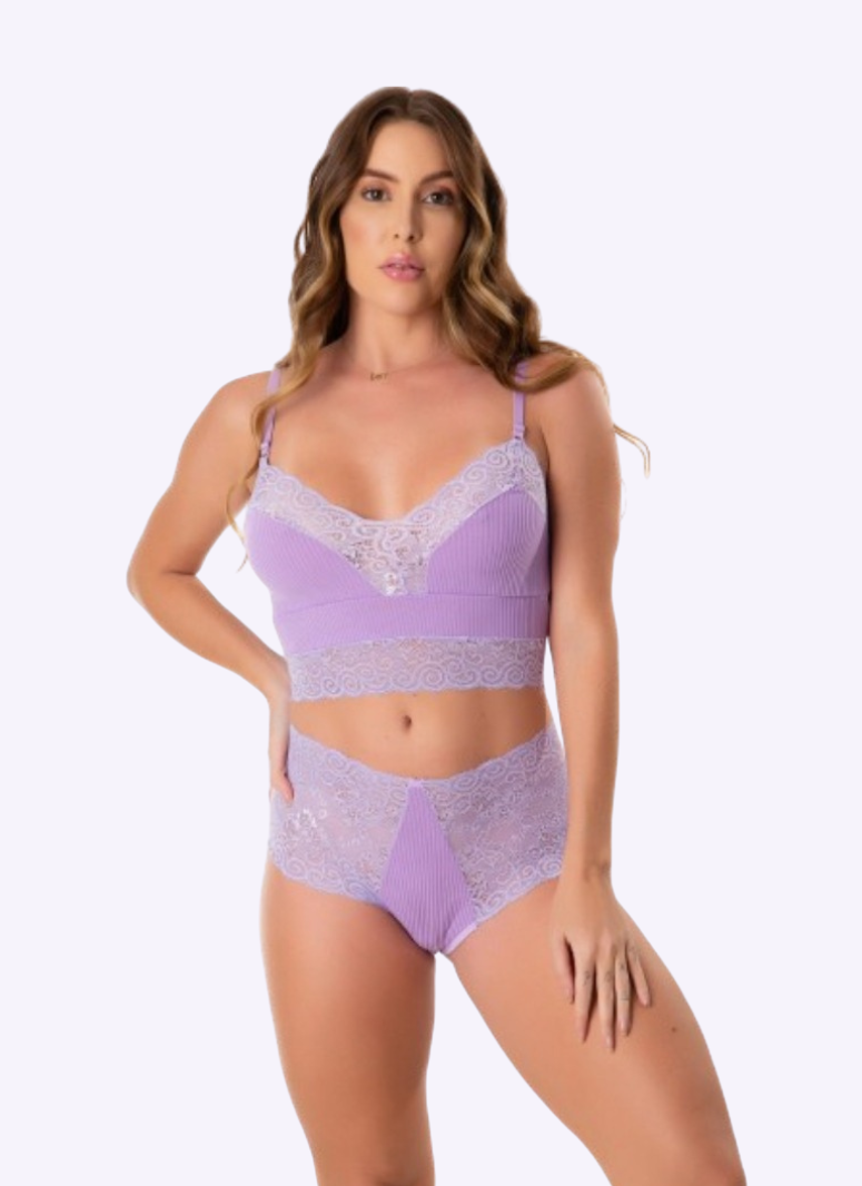 conjunto Sutiã Cropped Em Renda e Calcinha Em renda Vinho