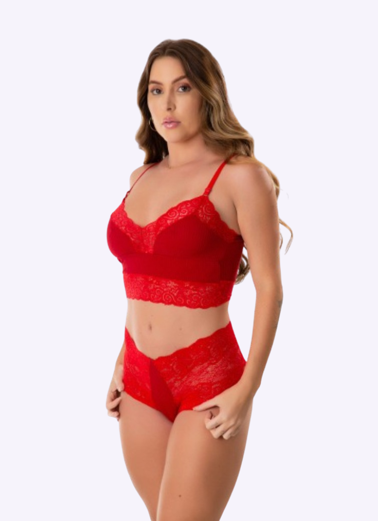 conjunto Sutiã Cropped Em Renda e Calcinha Em renda Vinho